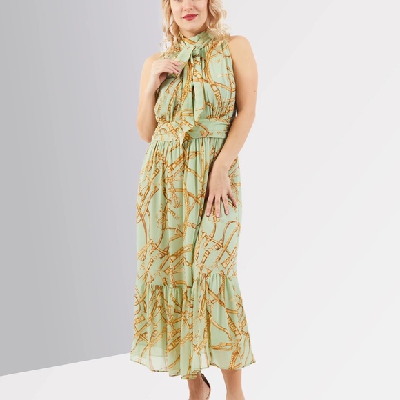 Lauren Ralph Lauren Equestrian Georgette Printed Midi Dress Green NWT 10 - Picture 5 of 5
